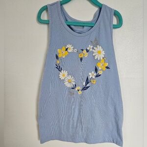 Light‎ blue tank top with floral heart graphic and butterflies size 10/12 large